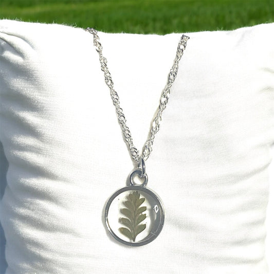 Silver Colored Dainty Necklace with Dry Pressed Fern
