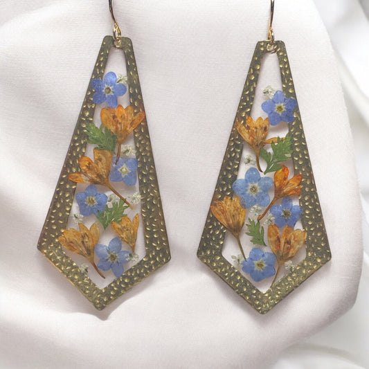 Blue Forget-Me-Nots, Orange Wild Flower with pieces of Dry Pressed Fern and Queen Anne’s Lace
