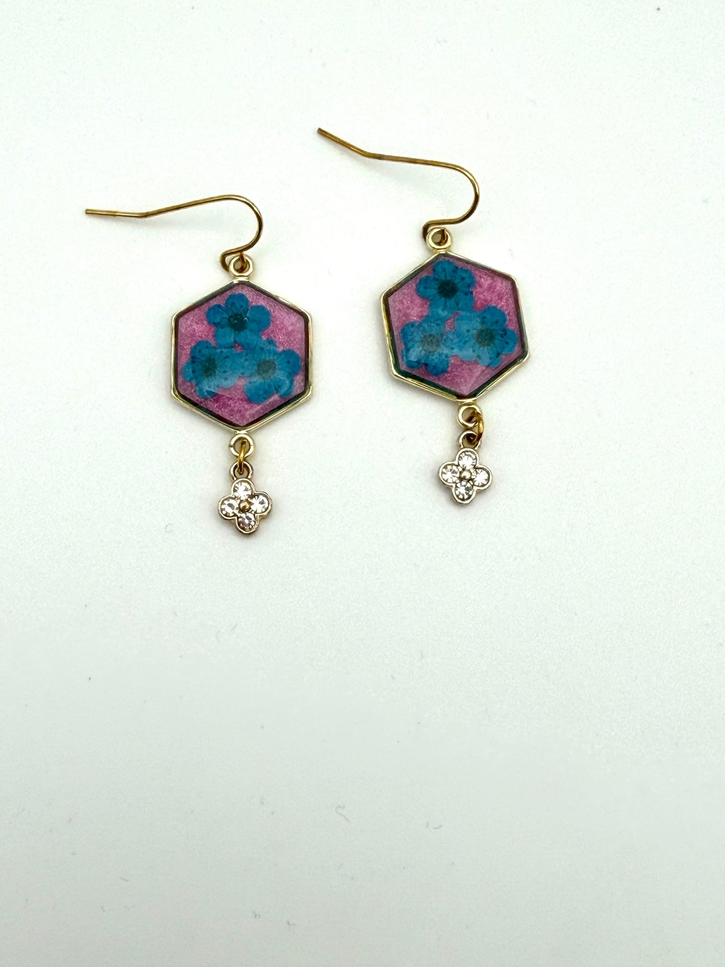 Pink Mica Powder with Teal Blue Plum Blossoms and a Dangling Rhinestone Charm