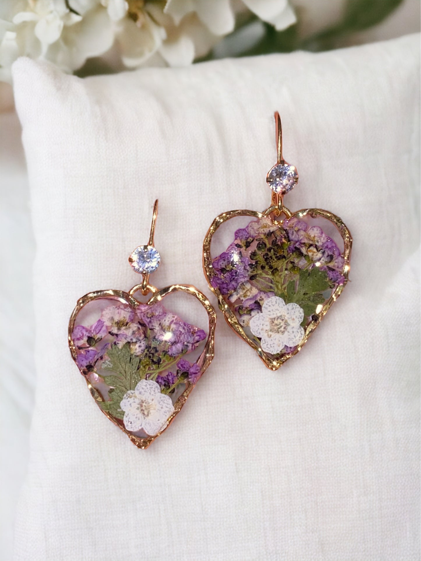 Purple Flowers White Plum Blossom Flowers with Dry Pressed Fern Earrings