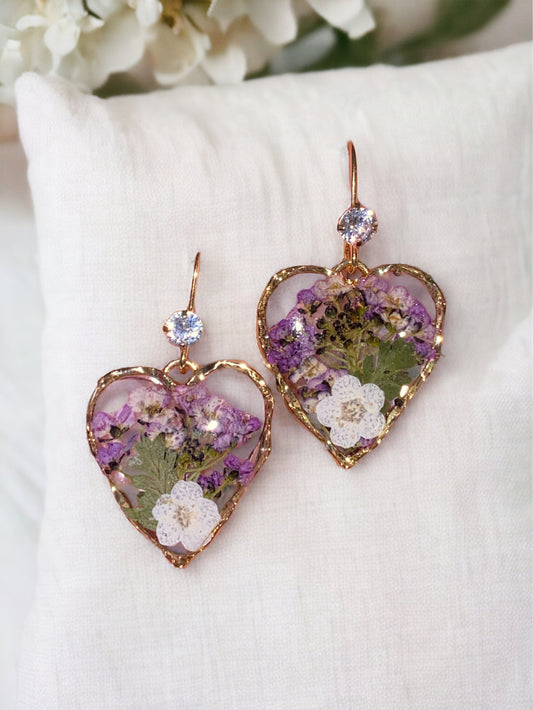 Purple Flowers White Plum Blossom Flowers with Dry Pressed Fern Earrings