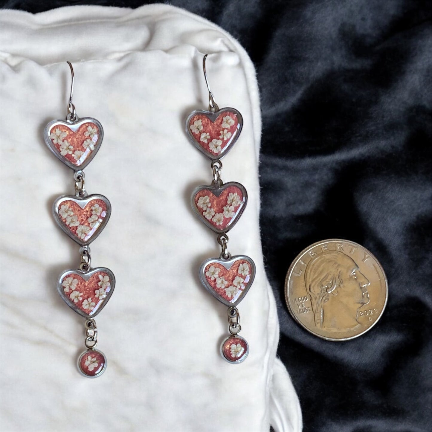 Pink Mica Powder with Pieces of Queen Anne’s Lace Dangle Earrings