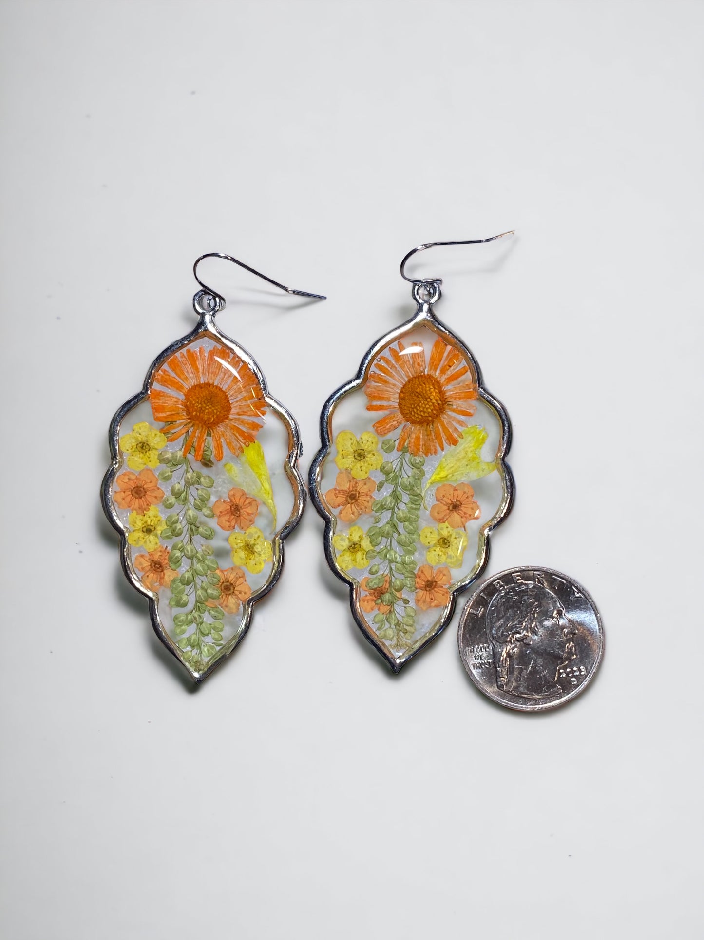 Yellow and Orange Plum Blossoms with Orange Needle Chrysanthemum and Dry pressed Persian Garden Cress Earrings