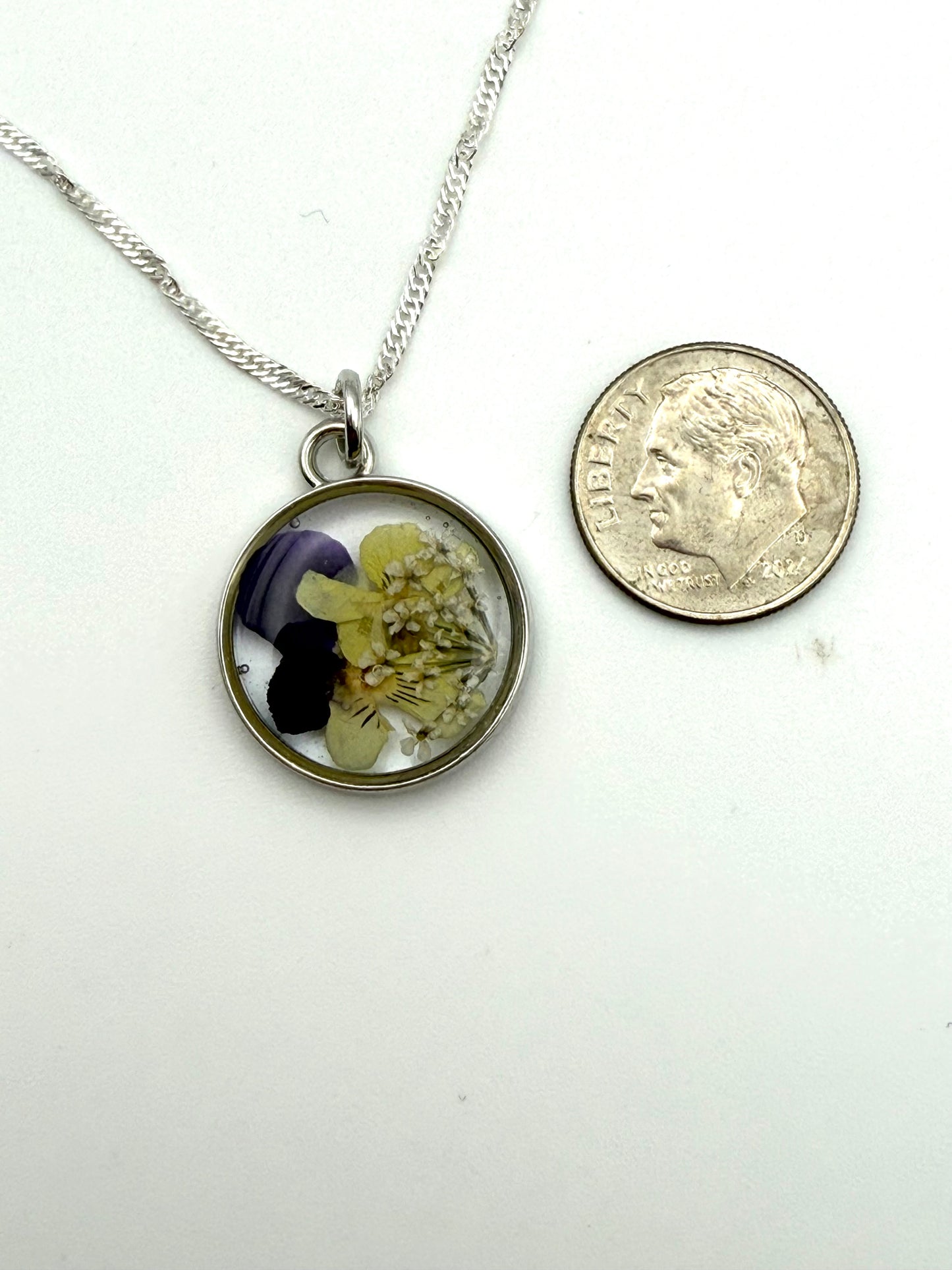 Mini Yellow and Purple Pansies with Queen Anne’s Lace