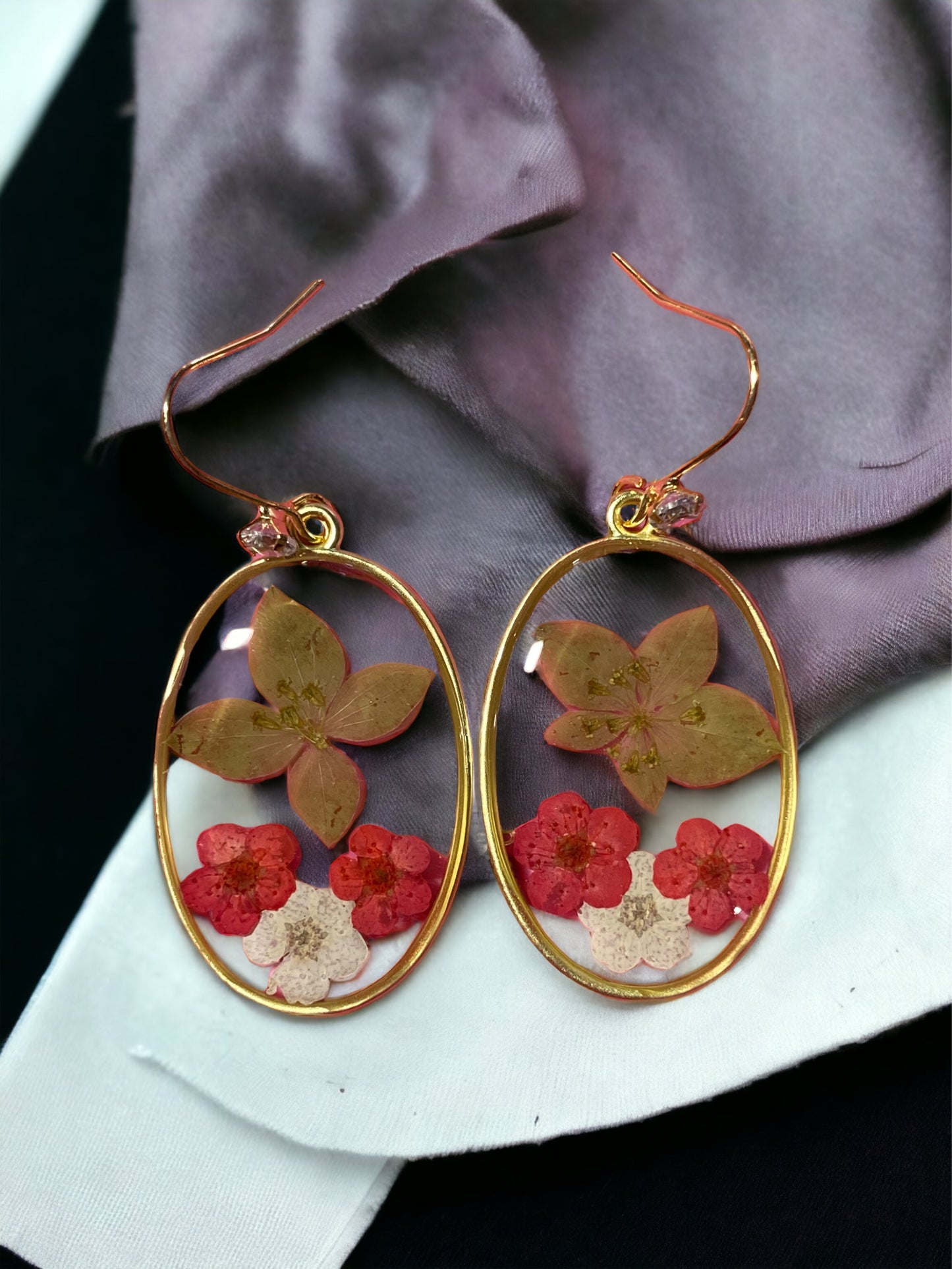 Dry Pressed Euphorbia Helioscopia with  Red Plum Blossom Flower Earrings