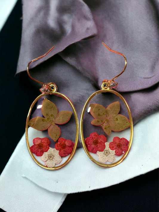 Dry Pressed Euphorbia Helioscopia with  Red Plum Blossom Flower Earrings