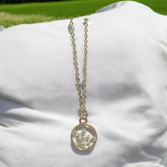 Dainty Rose Gold Bezel with Queen Anne’s Lace on a Brass Chain