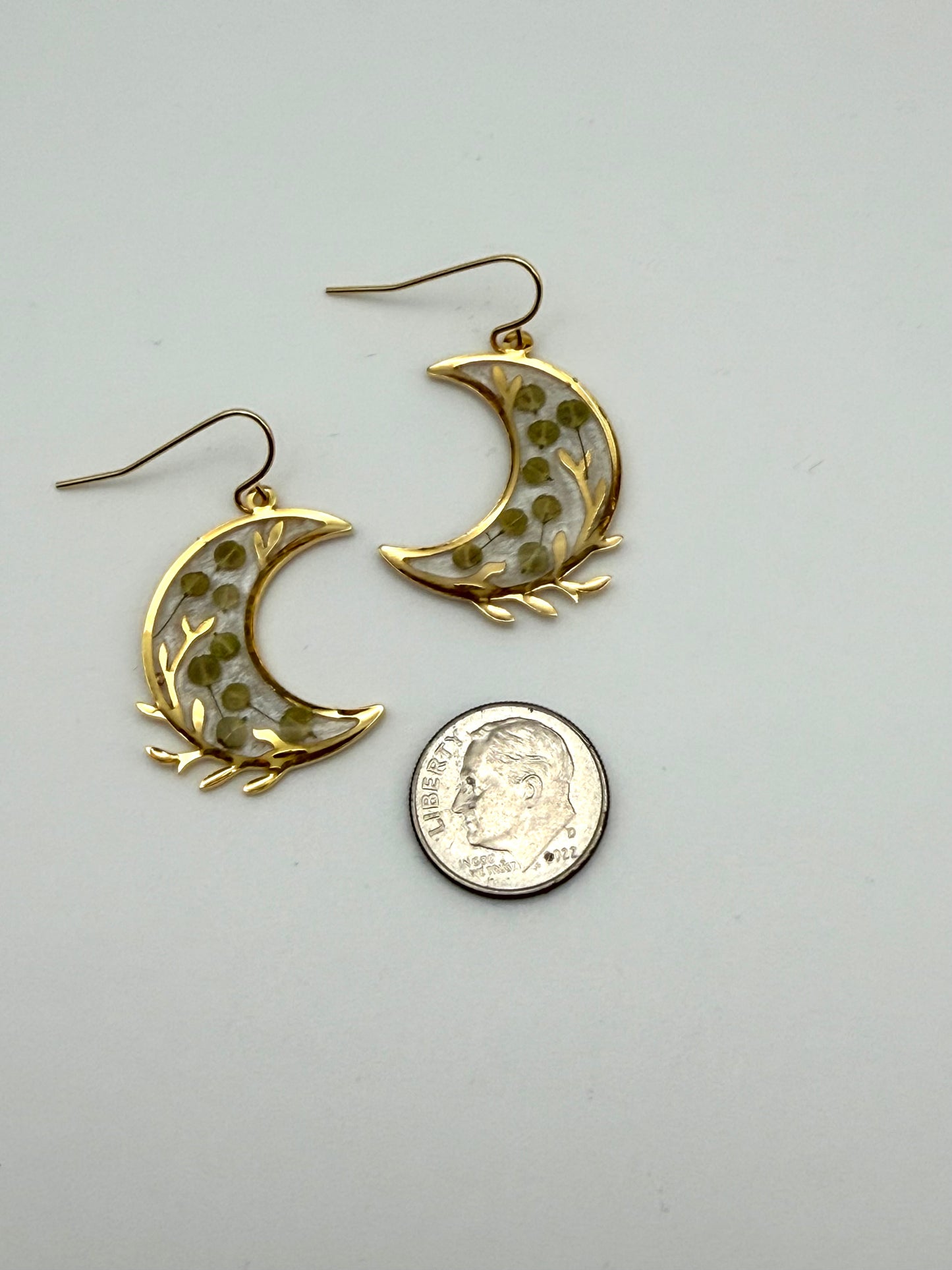 Gold Plated Crescent Moons filled with Opal Mica Powder and Pieces of Pepperweed