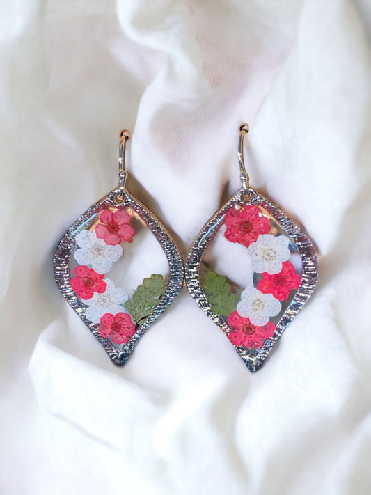 Red and White Plum Blossom Flowers with Dried Fern Earrings