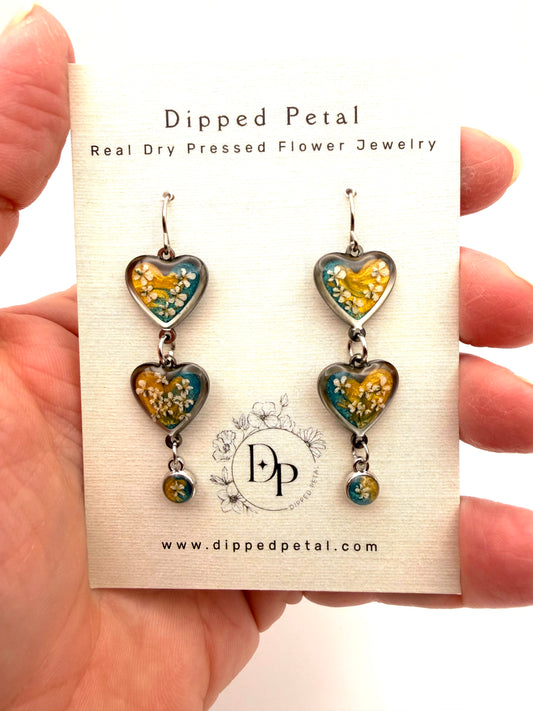 Heart Shaped Stainless Steel Dangle Earrings - Gold and Teal
