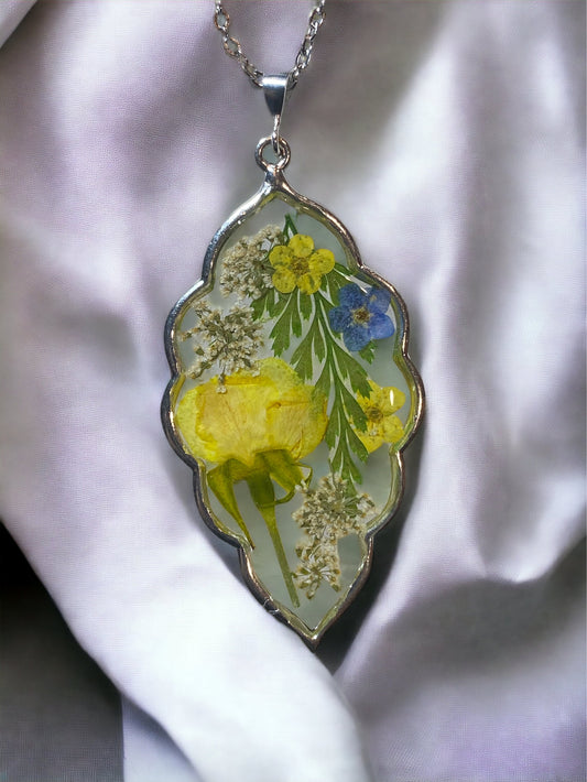 Yellow Rose with Blue Forget-Me-Not’s and Yellow Plum Blossoms Necklace