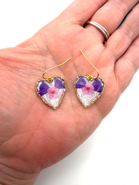 Heart Shaped Earrings with Opal Colored Mica Powder, Pink Plum Blossoms and Sea Lavender