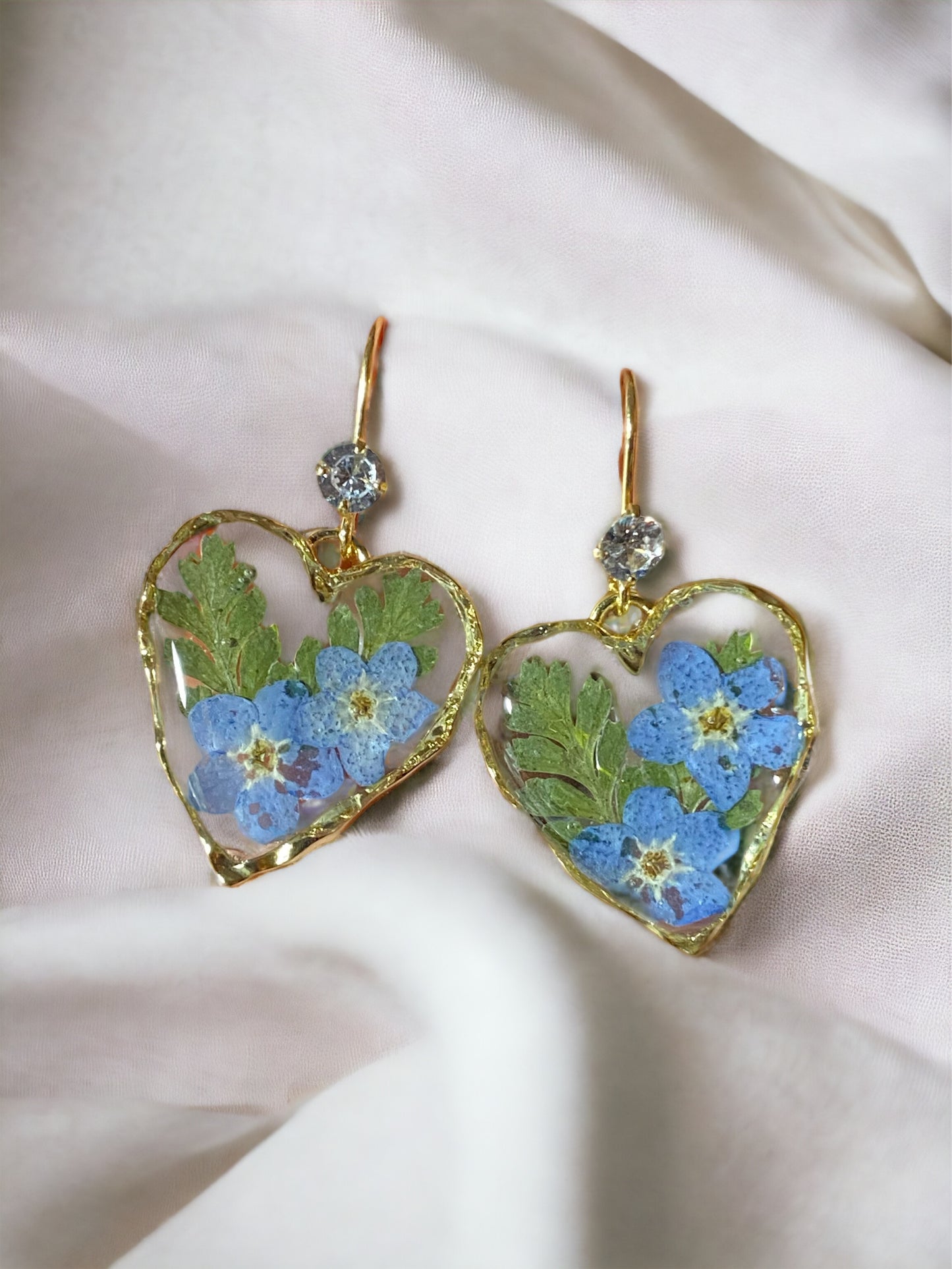 Blue Forget-Me-Not’s and Dry Pressed Fern Earrings