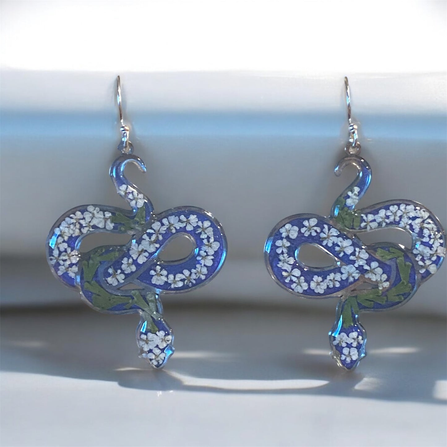 Snake Bezels with Dry Pressed pieces of Fern and Queen Anne’s Lace with Blue Mica Powder