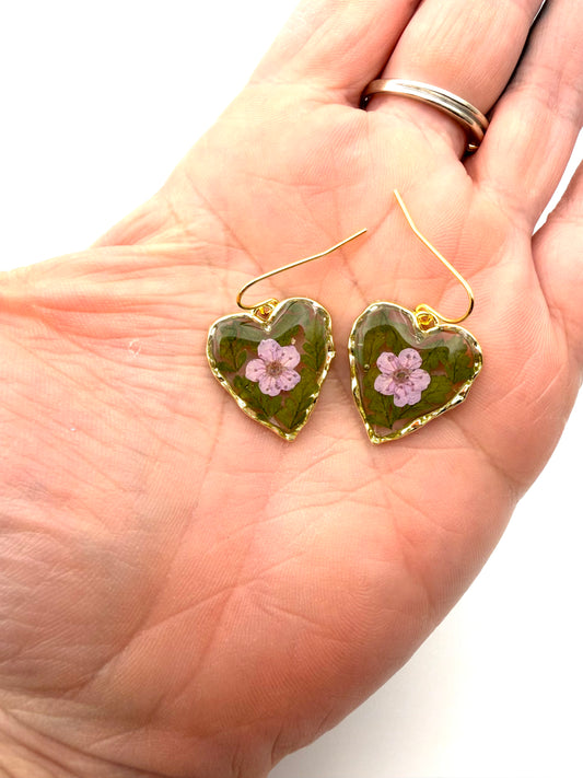 Heart Shaped Earrings with Light Purple Plum Blossoms, and Pieces of Fern