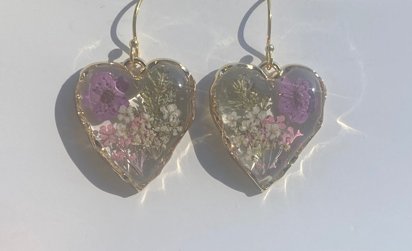 Purple Plum Blossoms with Dry pressed Fern and pieces of Pink and White Queen Anne’s Lace
