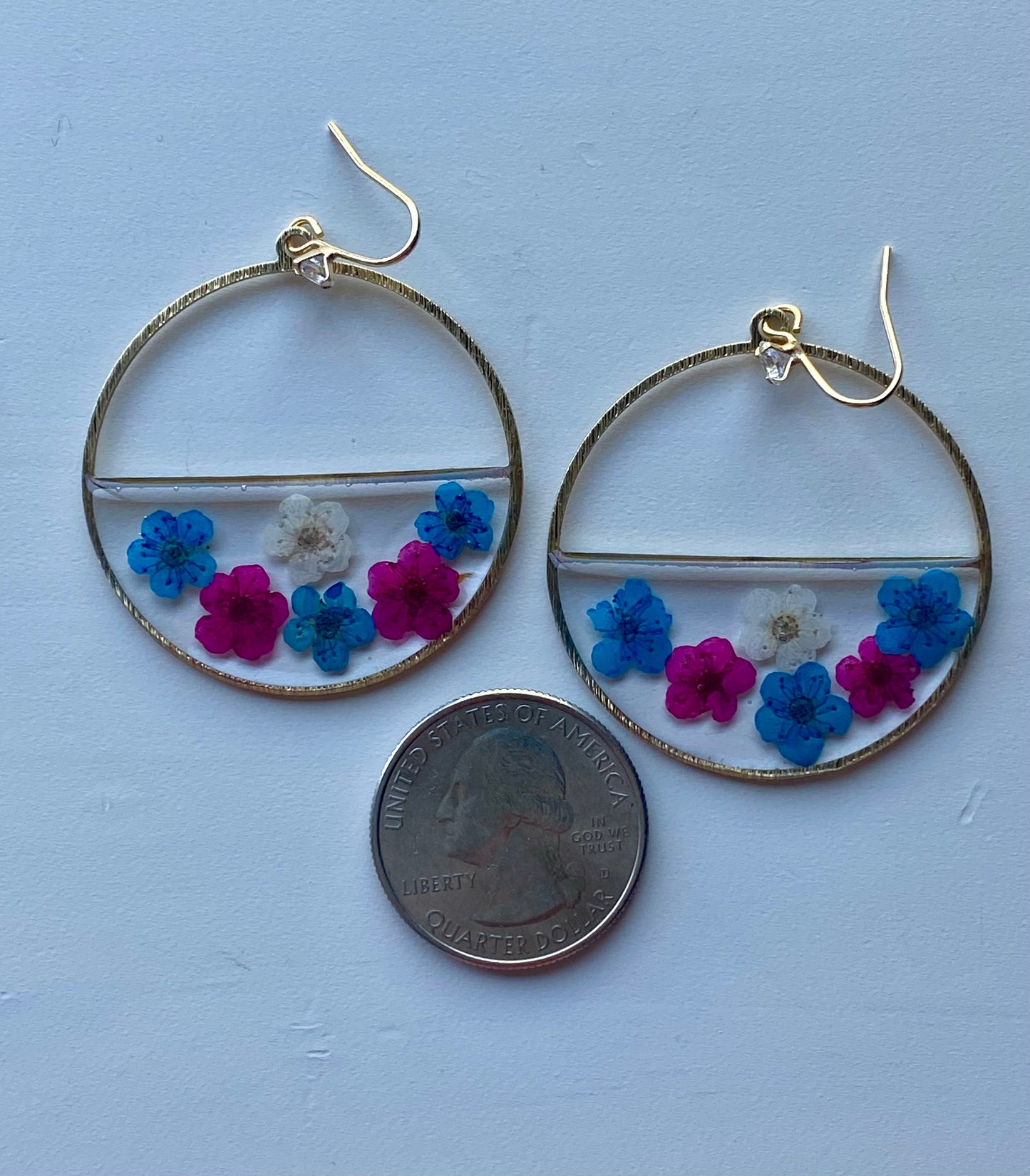 Blue, Hot Pink and White Plum Blossom Flower Earrings
