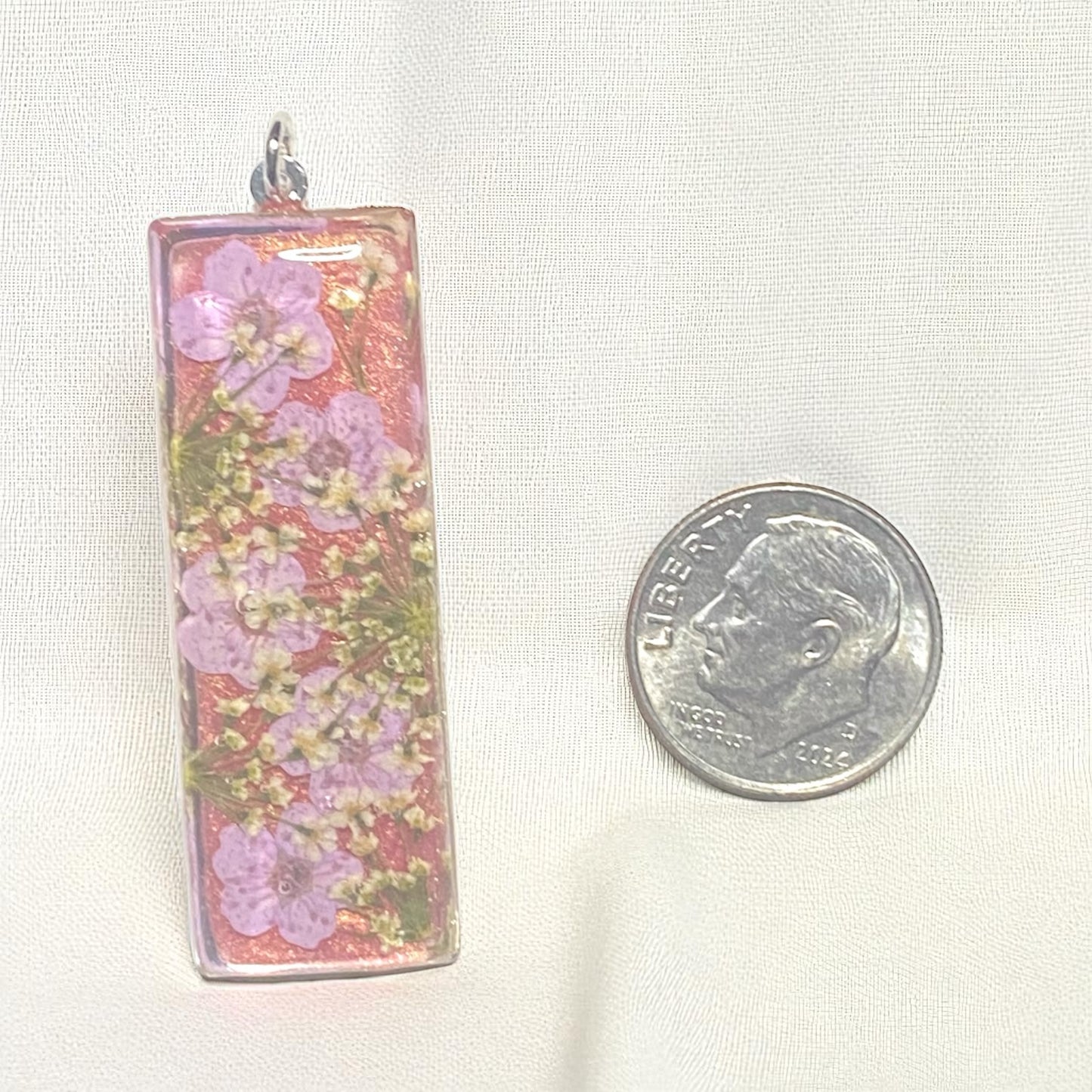 Coral Pink Mica Powder Filled Bezel with Light Purple Plum Blossoms and Queen Anne’s Lace