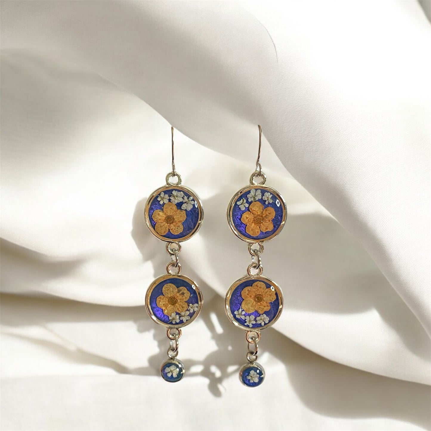 Orange Plum Blossoms with Blue Mica Powder and Pieces of Queen Anne’s Lace Dangle Earrings