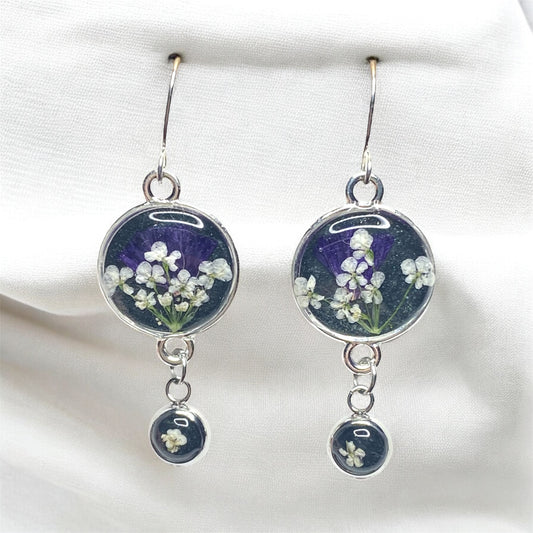 Black Colored Mica Powder (Single) Dangle Earrings with Purple Wild Flower and Queen Anne’s Lace