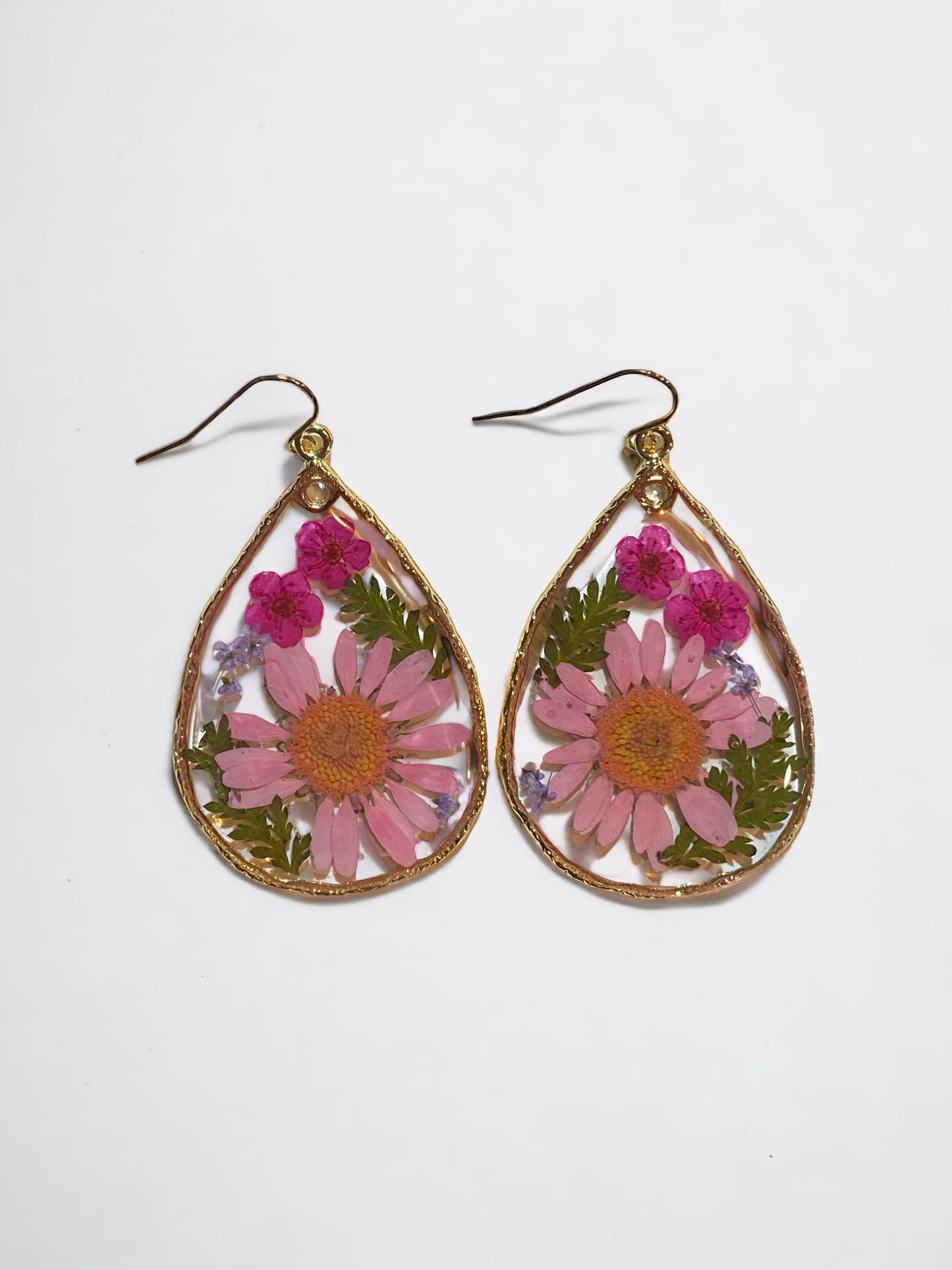 Pink Daisies with Purple Plum Blossom Flower Earrings