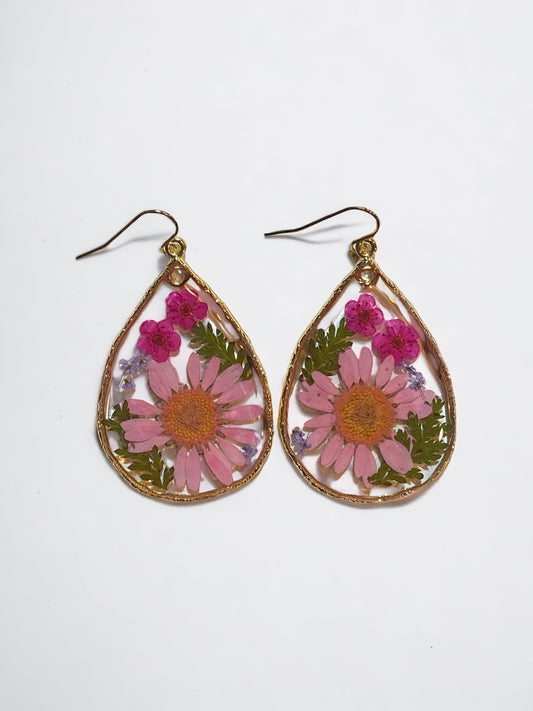 Pink Daisies with Purple Plum Blossom Flower Earrings