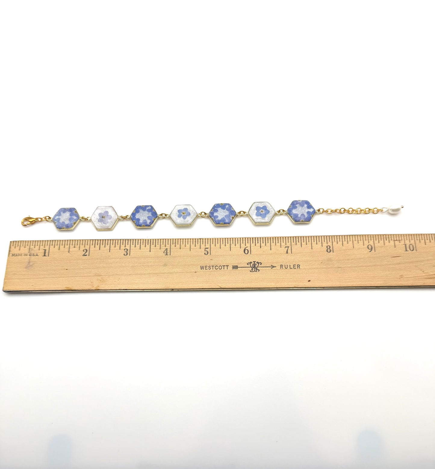 Gold Colored Bracelet with Opal Mica Powder and Forget-Me-Nots