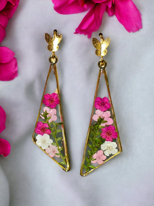 White and Dark Pink Plum Blossom Flower with Pink Forget-Me-Not Flower Earrings
