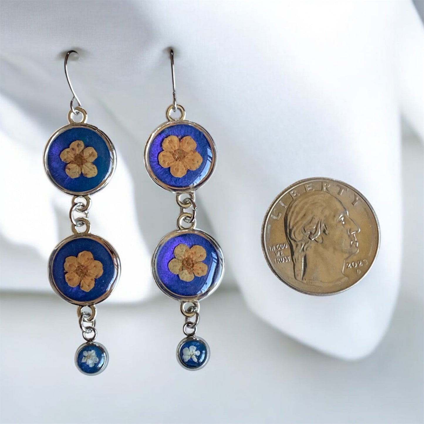 Orange Plum Blossoms with Blue Mica Powder Dangle Earrings