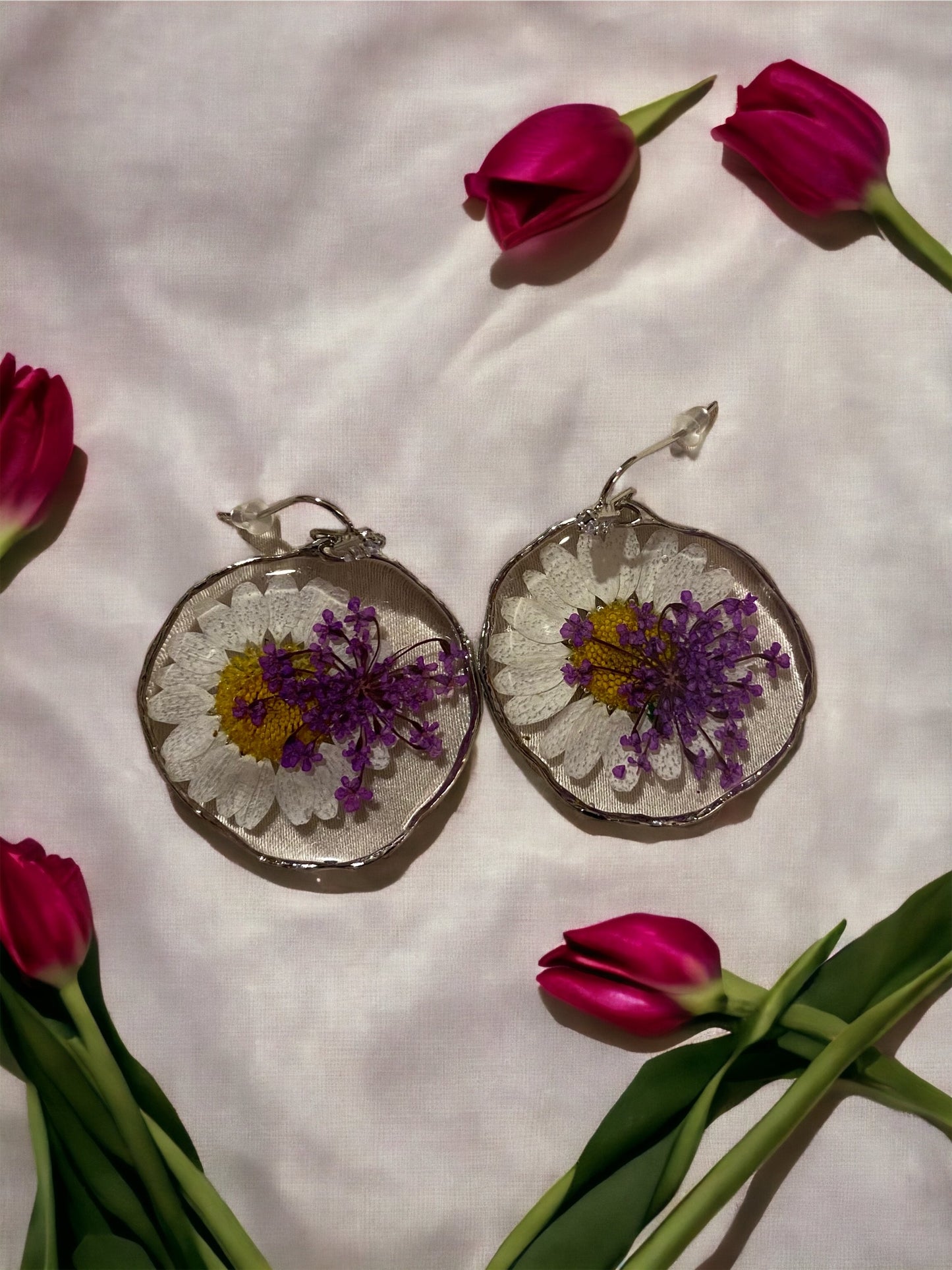 Daisy and Purple Queen Anne’s Lace Earrings