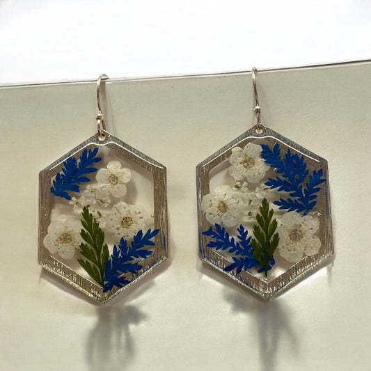 White Plum Blossoms with a Blue Dyed Fern and pieces of Queen Anne’s Lace