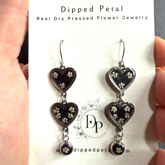 Heart Shaped Dangle Earrings and Pieces of Queen Anne’s Lace with Black Mica Powder