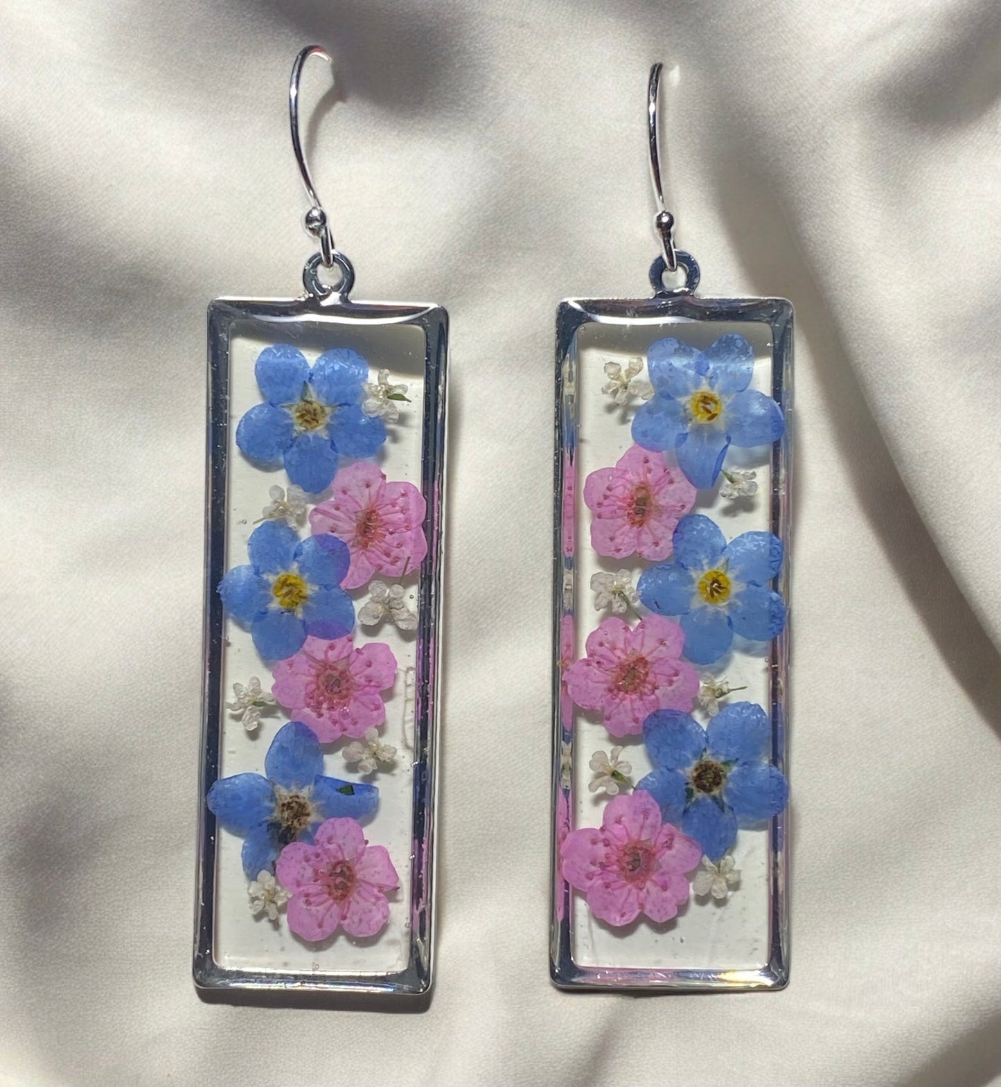 Blue Forget-Me-Nots and Pink Plum Blossom Flowers with Pieces of Queen Anne’s Lace  Earrings