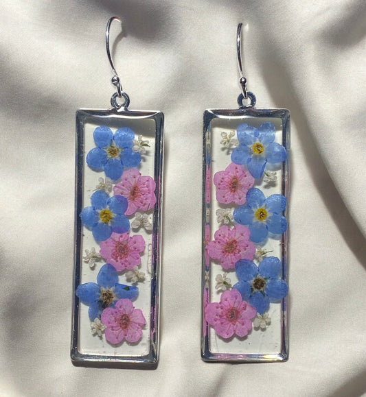 Blue Forget-Me-Nots and Pink Plum Blossom Flowers with Pieces of Queen Anne’s Lace  Earrings