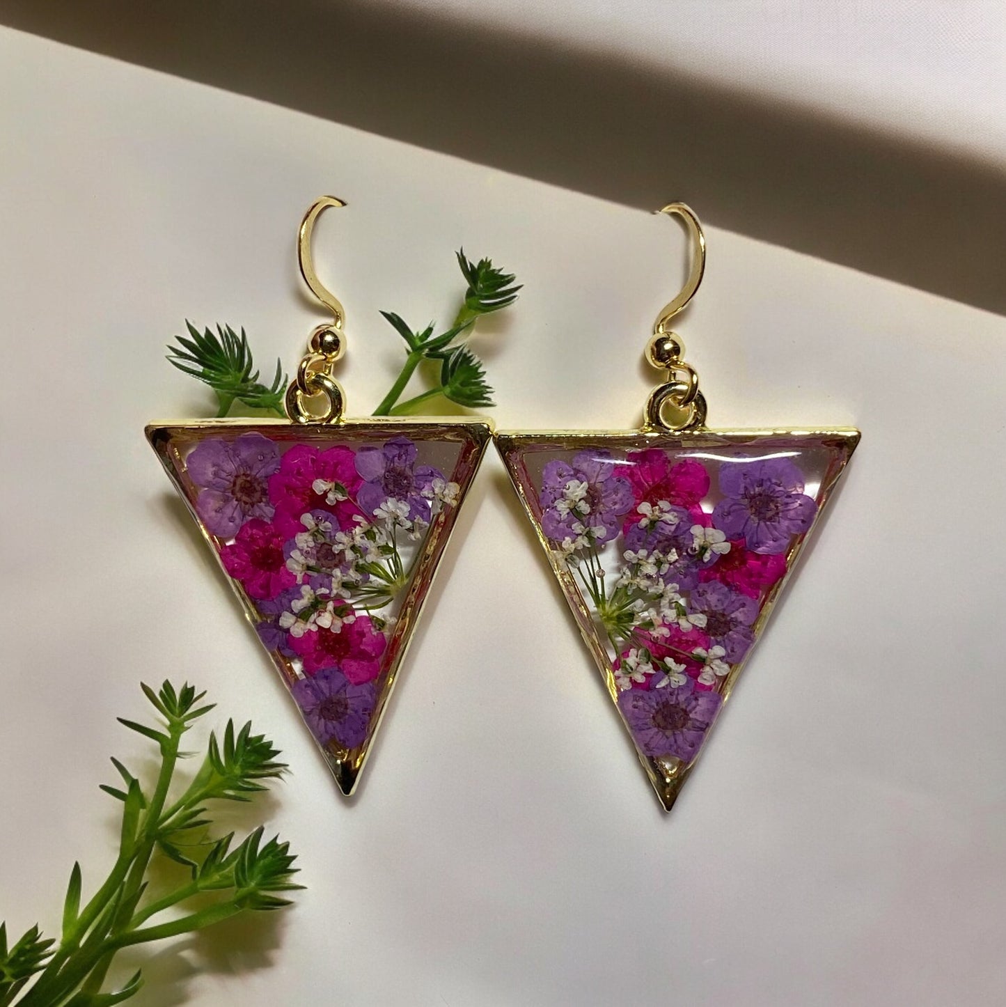 Purple and Hot Pink Plum Blossom Flowers with Queen Anne’s Lace Earrings
