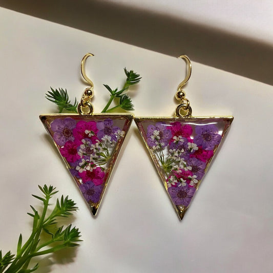 Purple and Hot Pink Plum Blossom Flowers with Queen Anne’s Lace Earrings