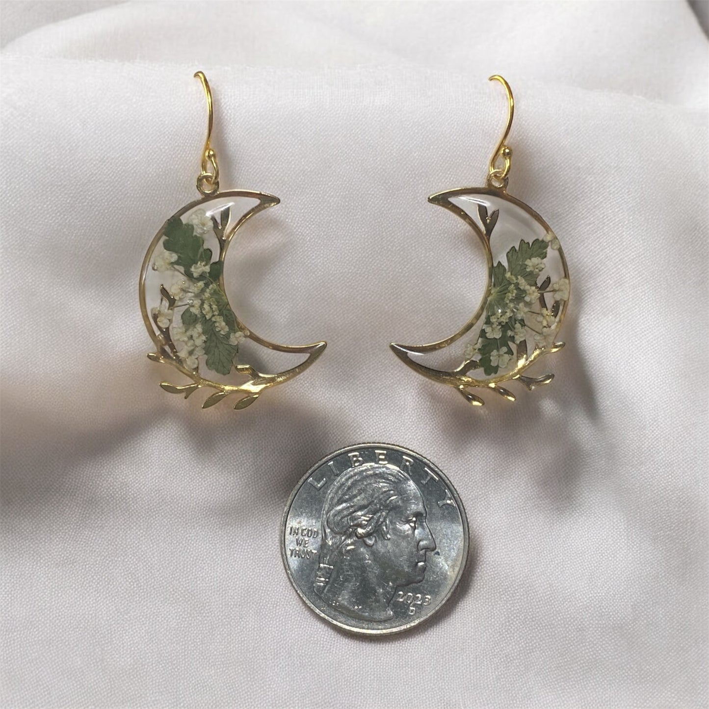 24 kt Gold Plated Crescent Moons with Fern and Queen Anne’s Lace