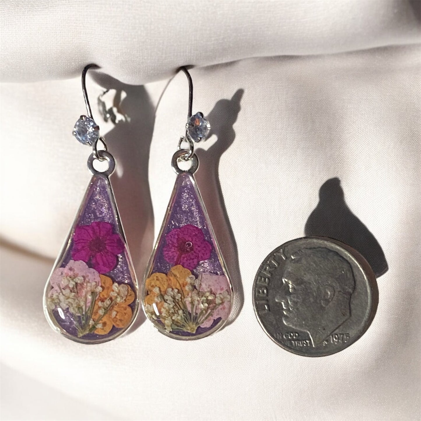 Purple Mica Powder with Orange, Hot and Light Pink Plum Blossoms, and Pieces of Queen Anne’s Lace