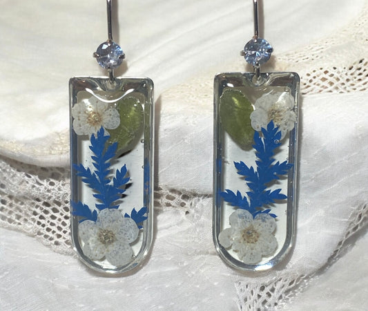 Blue dyed Fern and White Plum Blossoms with pieces Dry Pressed Leaves