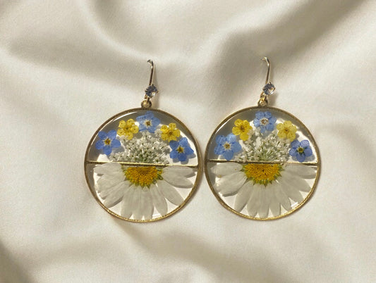 Daisies, Plum Blossoms, Blue Forget-Me-Nots, and Queen Anne’s Lace Earrings
