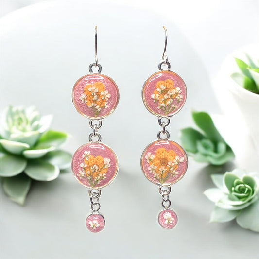 Coral/Pink Colored Mica Powder Dangle Earrings with Orange Plum Blossoms and Queen Anne’s Lace