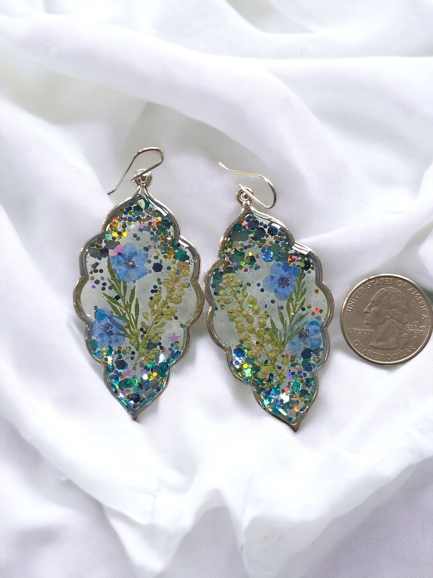 Blue Glitter with Dry Pressed Persian Garden Cress, Blue Forget-Me-Not’s, and Dry Pressed Leaves with 925 Sterling Silver Hooks