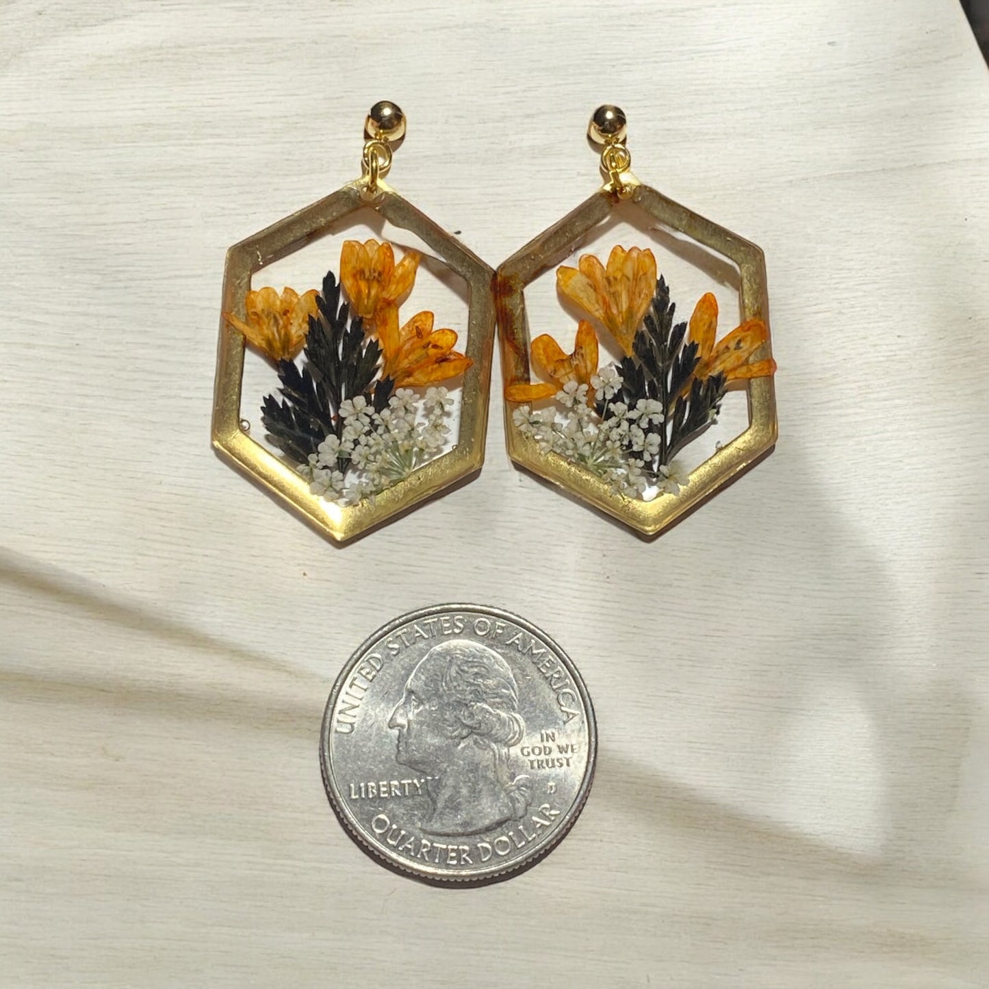 Orange Wild Flower, with Black Dry Pressed Fern and Queen Anne’s Lace