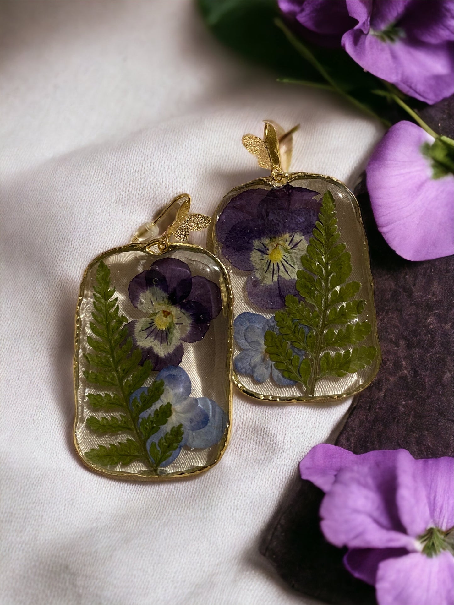 Purple Pansy and Blue Double Petal Hydrangea Earrings