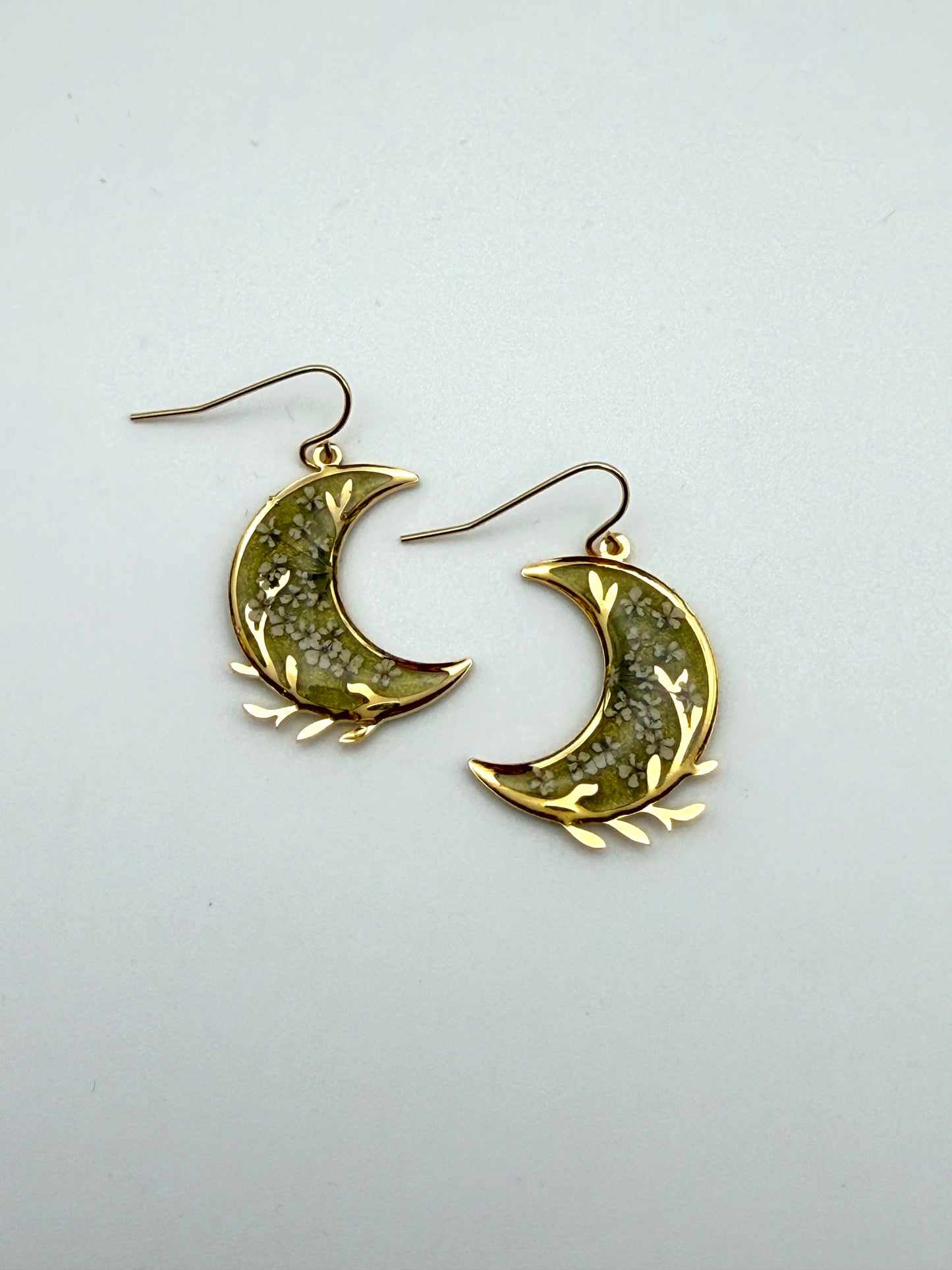 Gold Plated Crescent Moons filled with Green Mica Powder and Queen Anne’s Lace