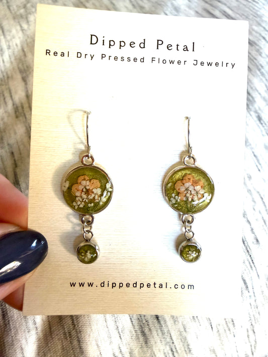 Groovy Green Colored Mica Powder (Single) Dangle Earrings with Orange Plum Blossoms and Queen Anne’s Lace