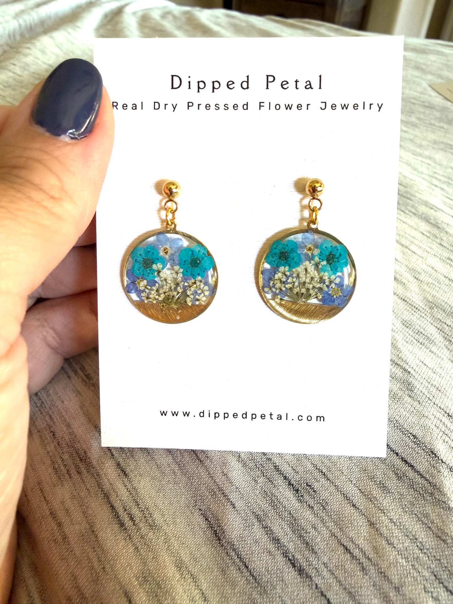 Teal Blue Plum Blossoms with Forget-Me-Nots and Queen Anne’s Lace