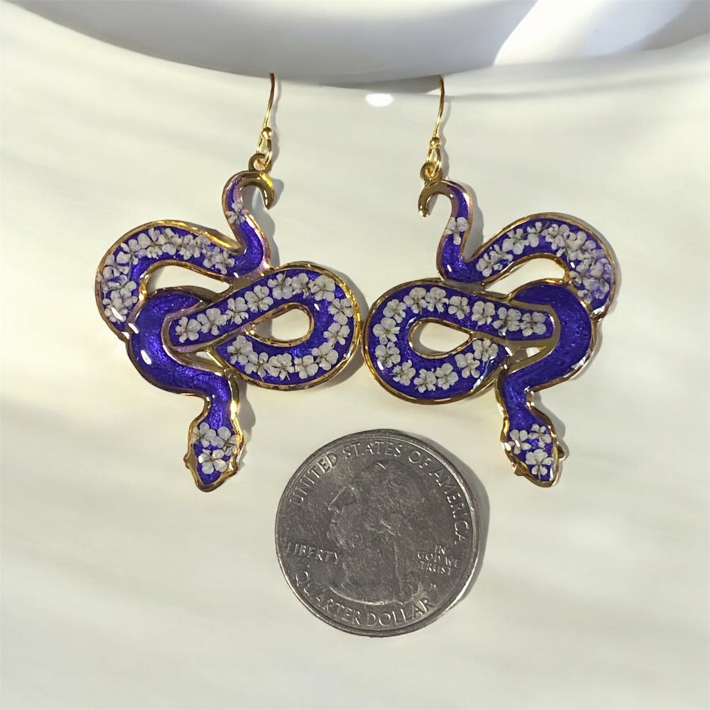 Blue 24 kt Gold Plated Snake Bezel Earrings