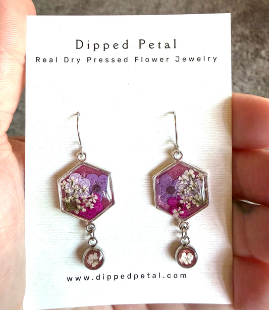 Pink Colored Mica Powder (Single) Dangle Earrings with Light and Dark Purple Plum Blossoms and Hot Pink Plum Blossoms with Queen Anne’s Lace