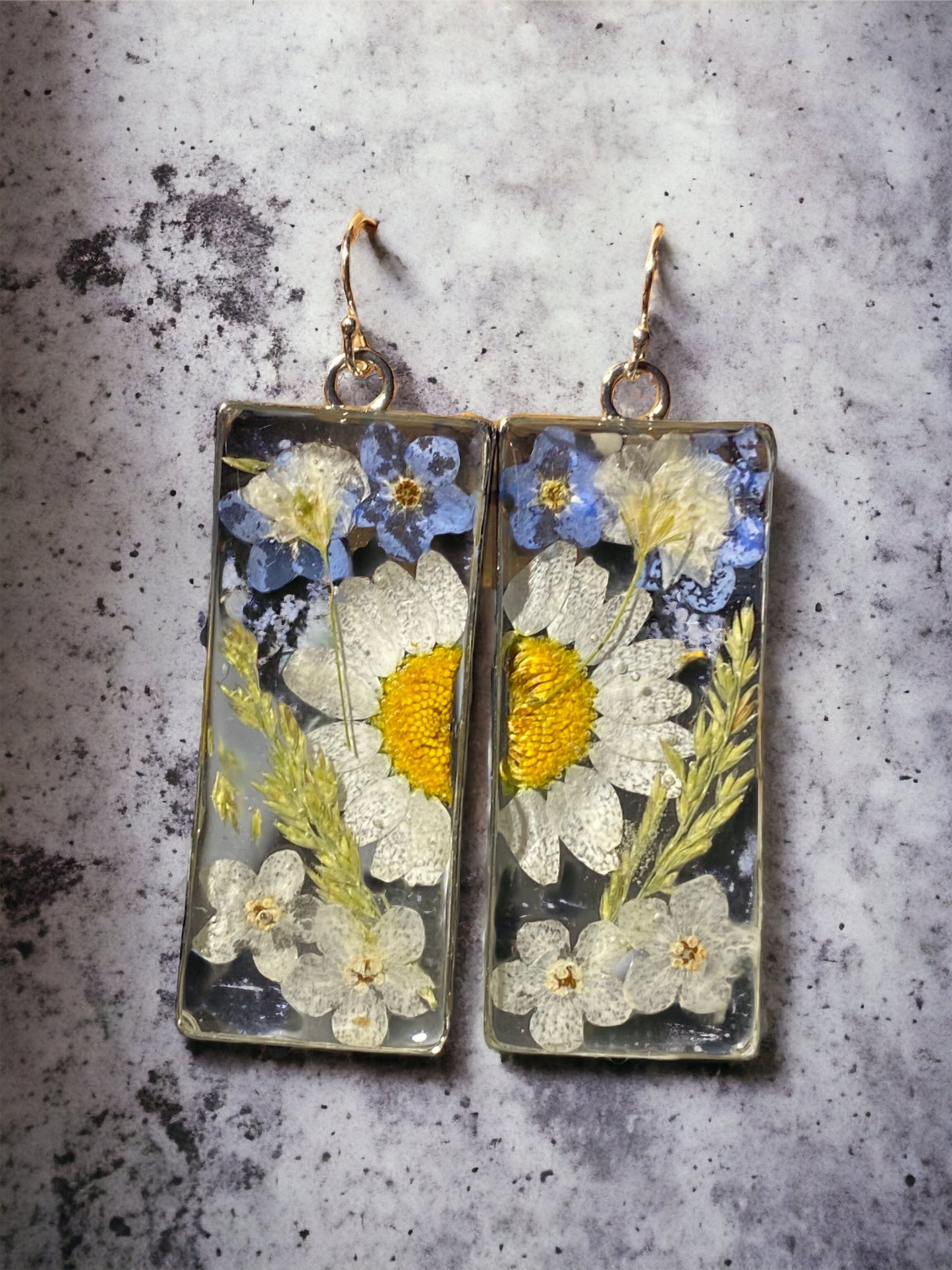 Yellow Daisy with Blue and White Forget-Me-Not Flowers, and Dry Pressed Leaves on Sterling Silver Hooks